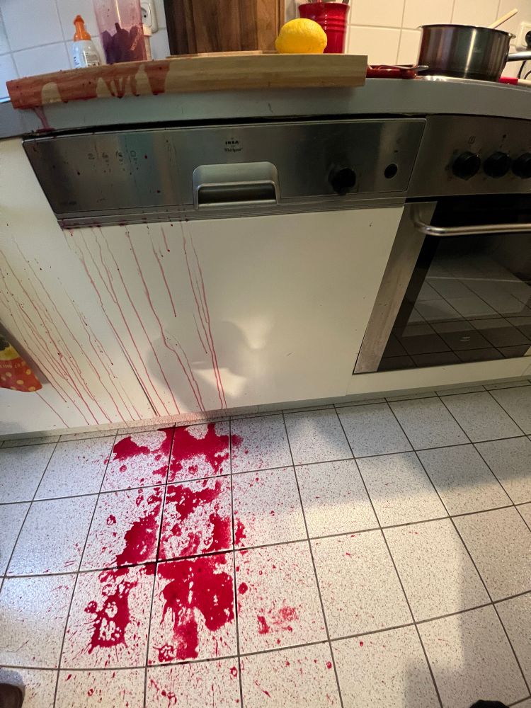 Sehr viel rote Flüssigkeit befindet sich in der Küche auf dem Fußboden und an anderen Stellen 