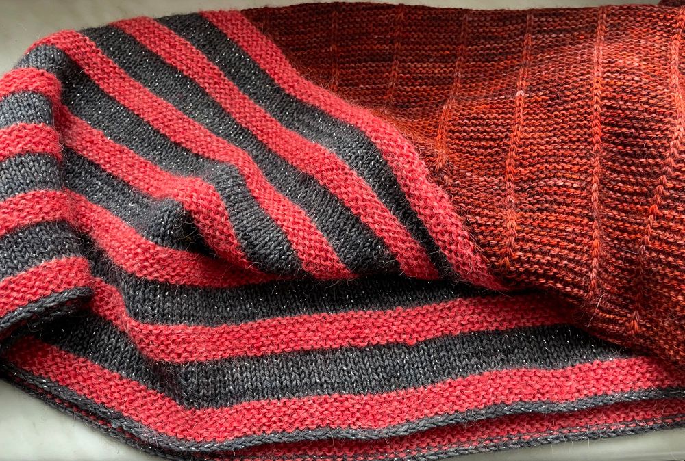 striped triangular shawl in brownish red, salmon and gray