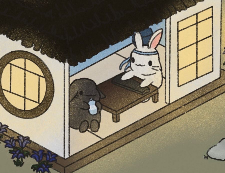 2 bunnies sitting inside a white cottage. 1 bunny is drinking from a bottle, the other bunny is playing the guqin.
