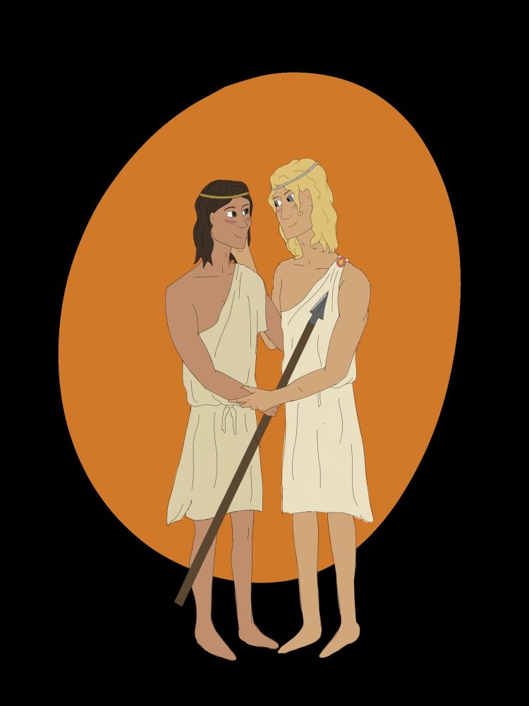 Simple digital art of two guys in togas looking cute and at each other.