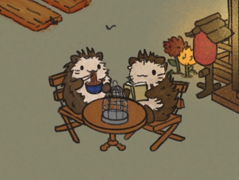 2 hedgehogs sitting at a cafe table outside an Asian-style house. 1 hedgehog is eating a bowl of noodles, the other hedgehog is reading a book.
