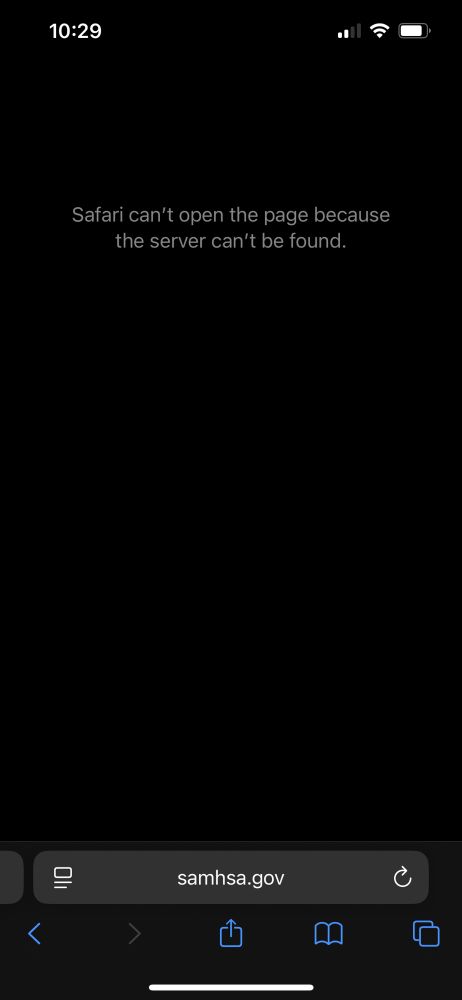 black screen of safari saying samhsa.gov cannot be found