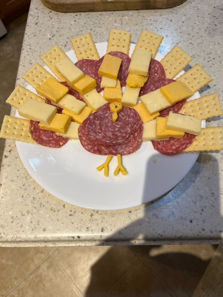 Picture of salami, cheese, and crackers arranged to resemble a turkey 