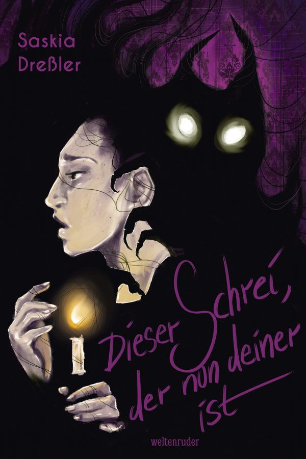 Dieser Schrei der nun deiner ist von Saskia Dreßler

Eine Frau hat eine Kerze in der Hand und der Schatten im Hintergrund hat Augen. Das Cover ist in Schwarz-Lila gehalten.