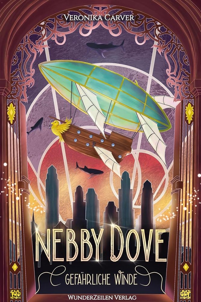 Das Bild zeigt das Cover des Buches Nebby Dove - Gefährliche Winde vom WunderZeilen Verlag. Geschrieben von Veronika Carver.

Das Bild zeigt ein Tor das geöffnet ist und das den Blick auf eine Stadt freigibt an deren Himmel ein Luftschiff fliegt und Wale am Himmel.