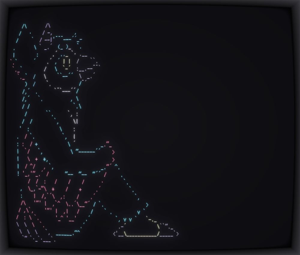 text art of a bird character sitting on the ground with hands on their knees and looking up smiling

the text is shown in a crt style terminal, and coloured (blue and red feathers)