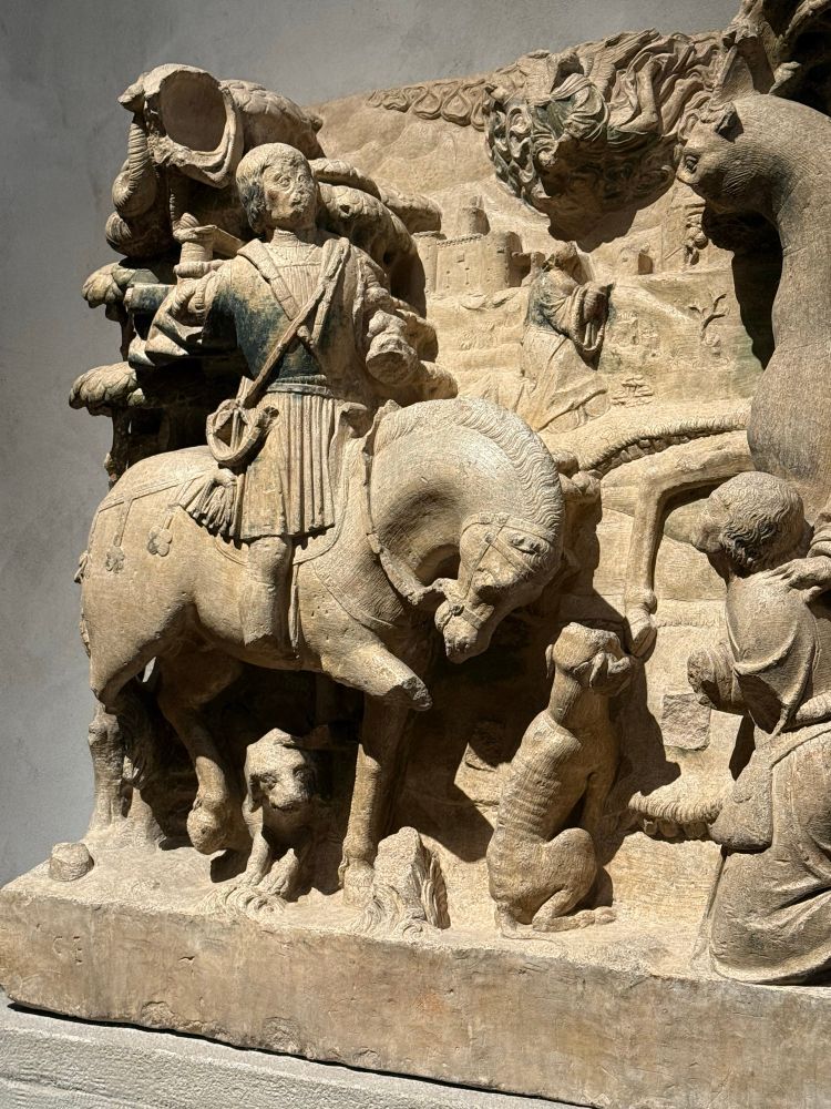 limestone relief of st. hubert encountering a miraculous stag