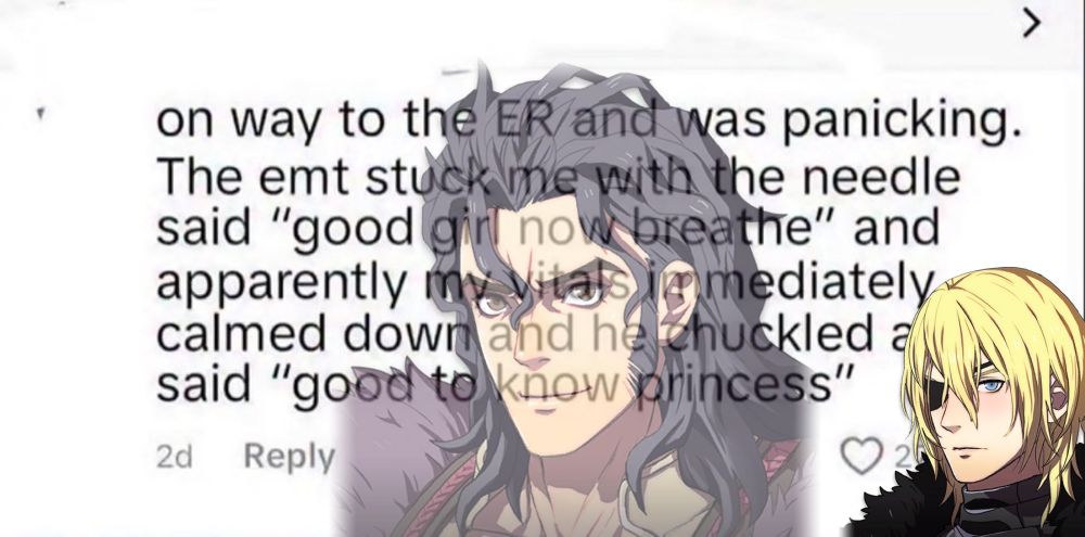 tweet that reads "on the way to the ER and was panicking. The emt stuck me with the needle said "good girl now breath" and apparently my vitals immediately calmed down and he chuckled and said "good to know princess" balthus is superimposed on the tweet implying he is the emt. dimitri is placed next to the tweet implying he is the writer of it