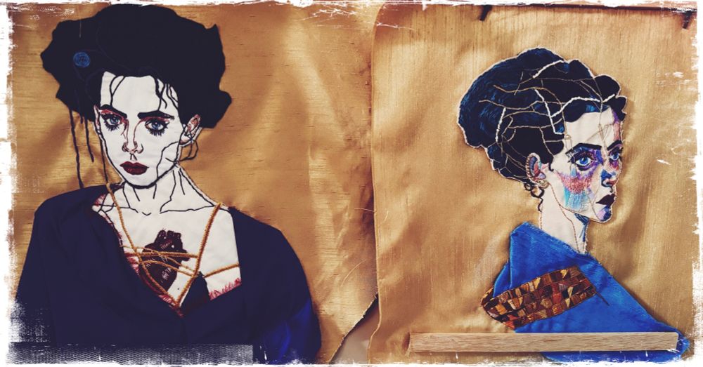 Two embroidered portraits of women on gold silk backgrounds, unframed