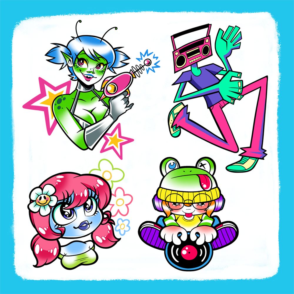 Original tattoo designs for sale, of the artists characters. Includes a green alien girl with a ray gun, a green guy with a pink stereo for a head, a blue ghost girl with pink pigtails, and a little girl with a frog hat and record.