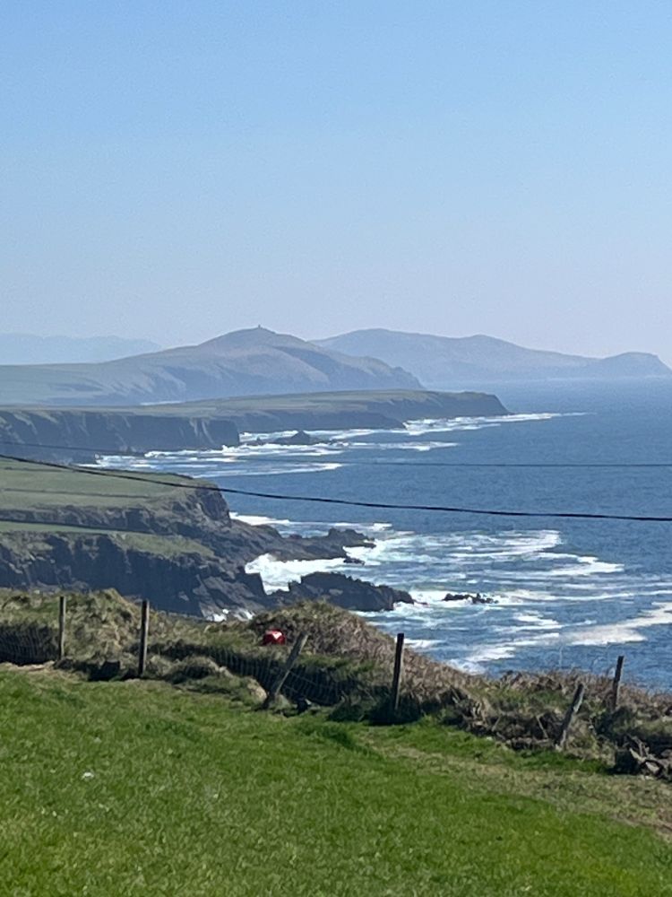 View of the Atlantic Ocean overlooking the Dingle Penninsula from the 2000BCE beehive huts near Ventry. 