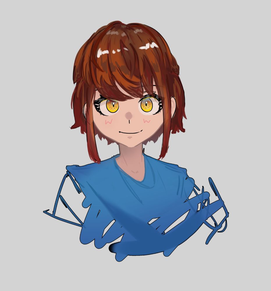 rough rendered drawing of an anime girl with short brown hair and a sketchy blue shirt, a doodle for getting better at hair rendering 