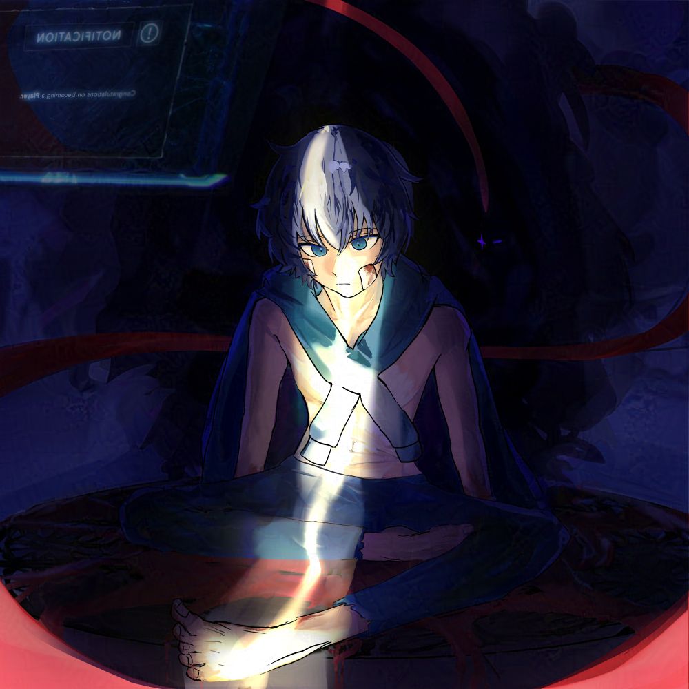 Sung jin woo sitting on the altar? looking at the ground as light shines through the door, and of course igris in his shadow, his second awakening