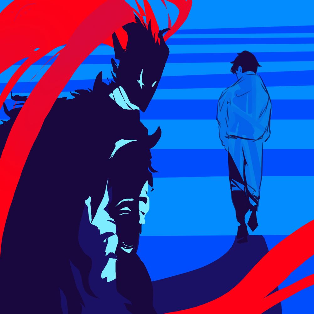 mahnwa/anime solo leveling fanart from the main character sung jin woo and his first shadow soldier igris in monochromatic blue but with the strong accent of red as a eye catcher 