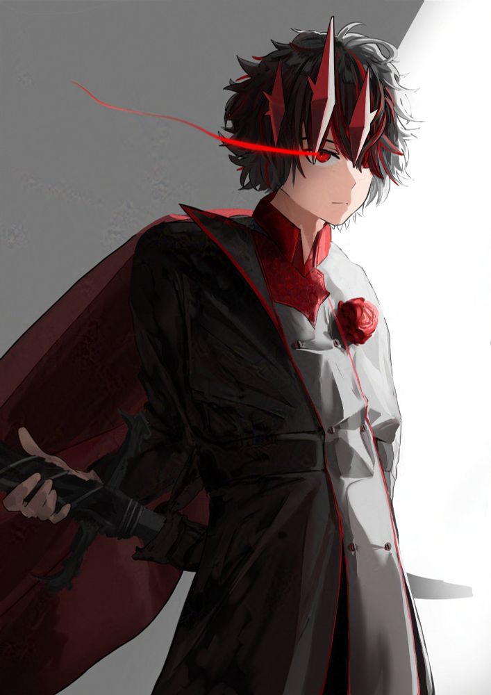 anime guy with red and black clothes and a black sword