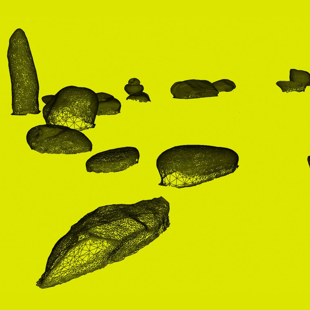 Part 1 of a wide digital artwork. A bright yellow/green background with a selection of stones seen as black meshes.