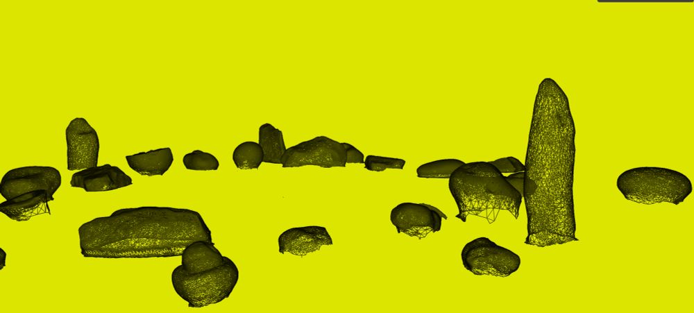 A digital 3D scan of a selection of stones, viewed as black mesh files over a bright nuclear yellow/green background 