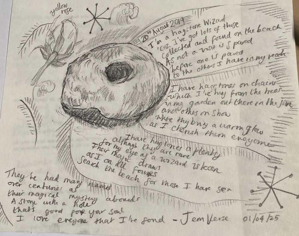 A sketch of a hagstone with a poem written around it by someone named Jem Verse. 
01/04/25