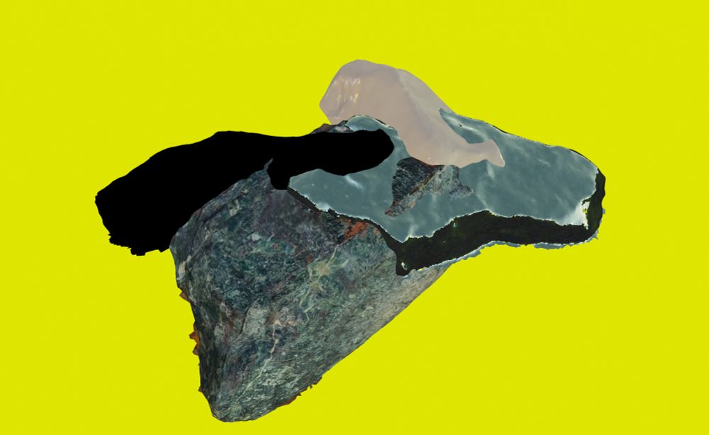 An abstract, composite digital shape on a bright yellow background. The shape consists of 4 merged jagged objects with jagged edges, one of stone, 2 are almost like glass. They are earthy tones, blues, greys and dusty pink