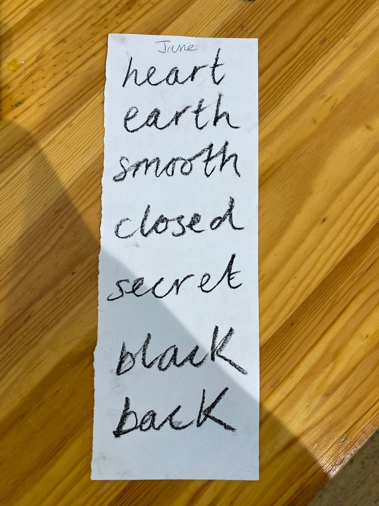 A piece of paper with a list of words written in charcoal:
‘heart earth smooth closed secret black back’ The name ‘Jane’ appears at the top.
