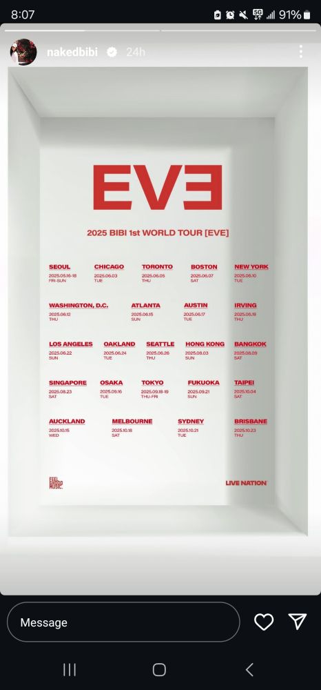 screenshot of BIBI tour dates for her first world tour