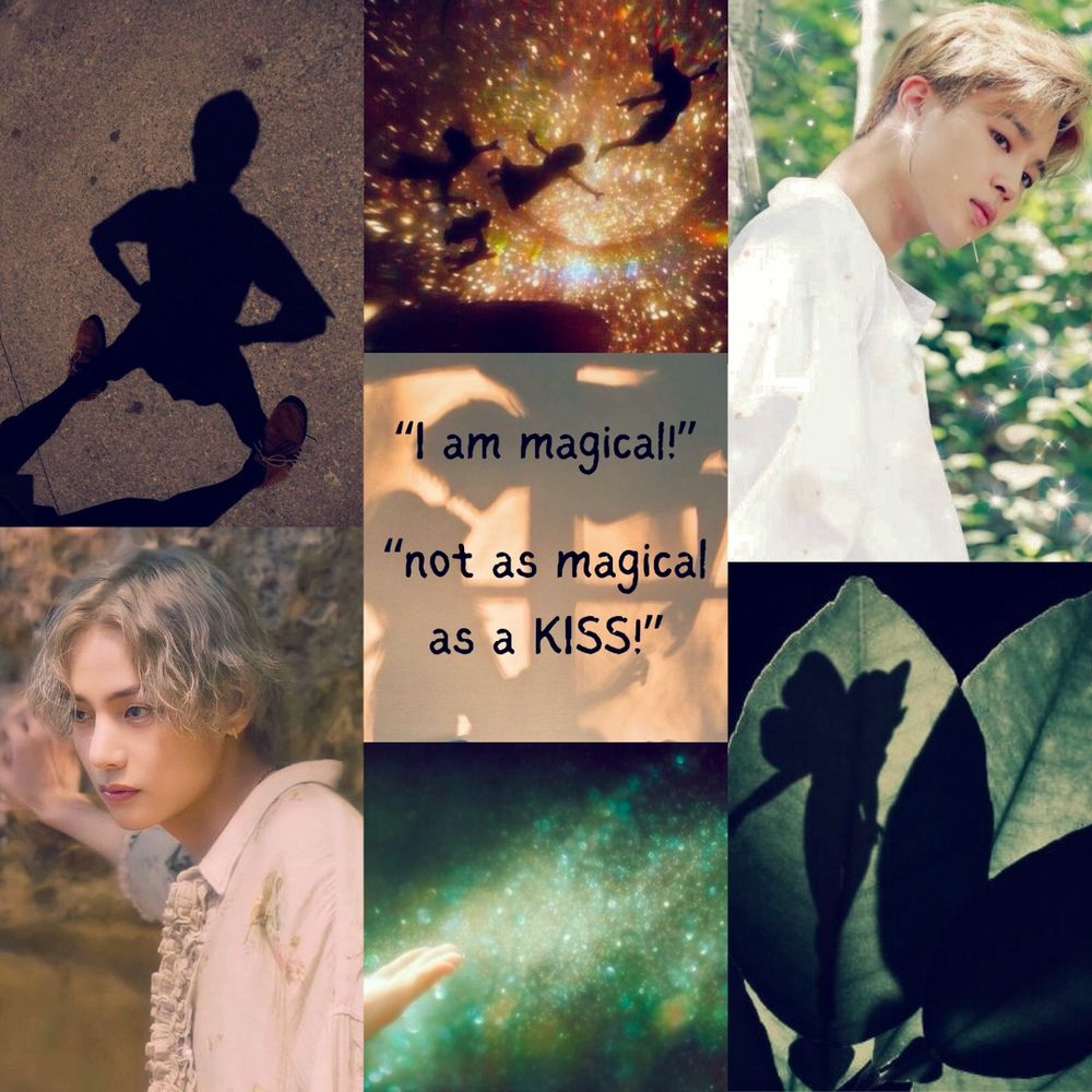 moodboard with taehyung and jimin (vmin) as the main ship, green and gold as the choice colors, and a fairies/peter pan au concept. The images are as follows; someone implied to be peter pan looking down at their shadow, a group of people flying through the sky in against a background of golden glitter, blonde jimin in a while linen shirt in a wooded/forest area, sandy blonde taehyung in a beige linen shirt leaning against a rock face, two shadows about to kiss and text over the top "I am magical" and "not as magical as a KISS!", a hand with light glitter (pixie dust) being blown off of it, a fairy's shadow against a backlit leaf