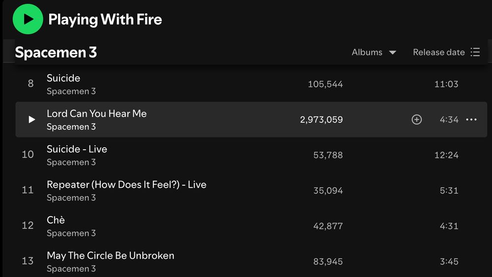 Spacemen 3's Playing with Fire album, with "Lord Can You Hear Me" having many more plays than any other song on the album