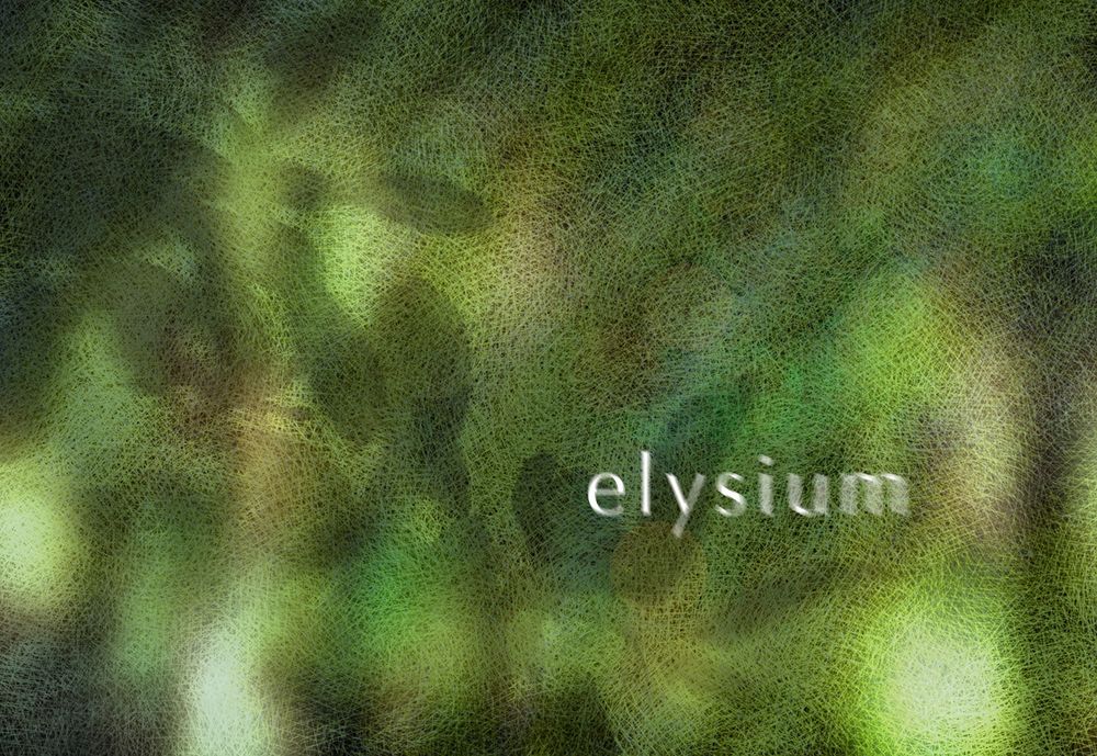 my artwork of a field with shadows of leaves and the text "elysium".
