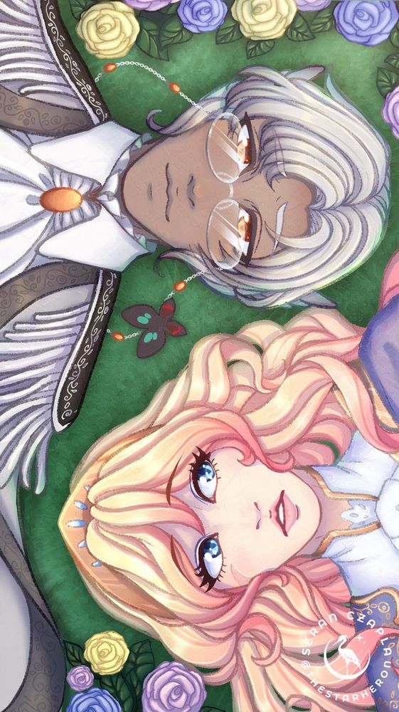 Digital artwork of a young man and woman laying in a garden of flowers against green grass. The woman, my original character named Laelia, has pale, blonde and pink hair and blue eyes. She wears a golden tiara, and white, gold, pink, and blue military garb. She looks to the man with a curious expression. The man, my original character named Priamus, is a man with cool tan skin, warm, orange, eyes, and silver hair. He has feathered ears and slit pupils. He wears silver glasses on a silver chain, and a silver, white, black, and purple royal garb. #oc #originalcharacter #GodSeed #godseedtaleofshadowandlight