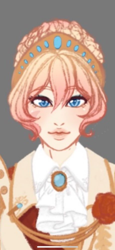 Digital bust artwork of a woman with pale blonde hair tied up in a bun and blue eyes dressed in ivory and gold finery