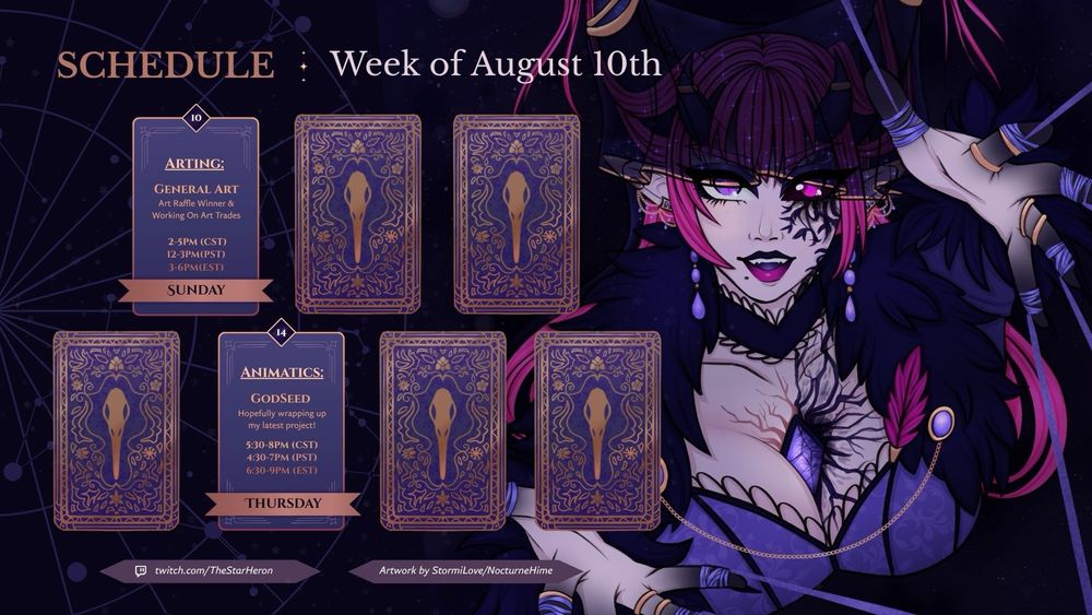 Stream schedule for week of august 10th
Sunday the 10th and Thursday the 14th are filled in for art streams at 2-5pm cst (sunday) and 5:30-8pm cst (thursday)