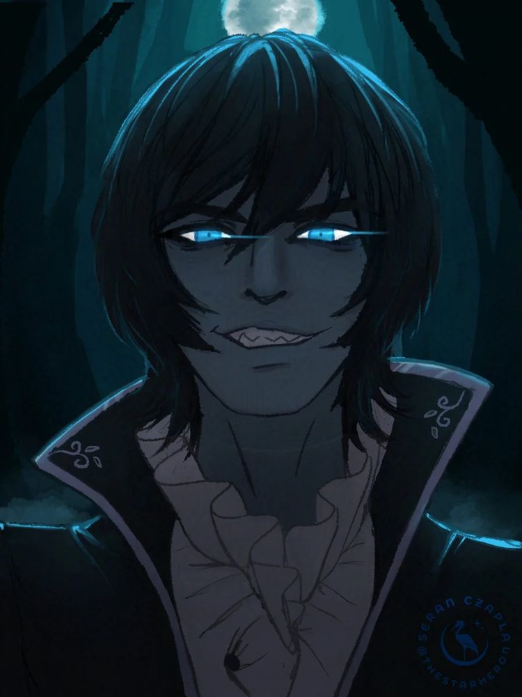 Digital artwork of a portrait of an #originalcharacter, Senka, a man who stands in a dark and foggy forest with an obscured moon overhead. He wears all black and a white undershirt with a ruffle collar. His hair is medium length and shaggy black. He grins evilly at the viewer with glowing blue eyes. #oc #ocsky #GodSeed #godseedtaleofshadowandlight #portrait #anime #rpg #rpgmaker