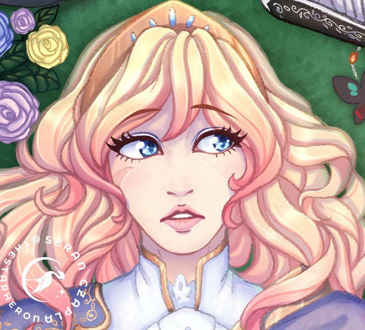 Digital artwork of a woman with blonde and pink hair and blue eyes laying in a field of grass