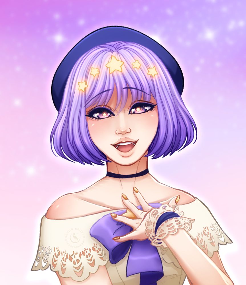 Digital artwork of a young woman with short purple hair, wearing a light and lacy top tied with a purple ribbon with a star brooch. She wears a beret and a tiara made of stars.
