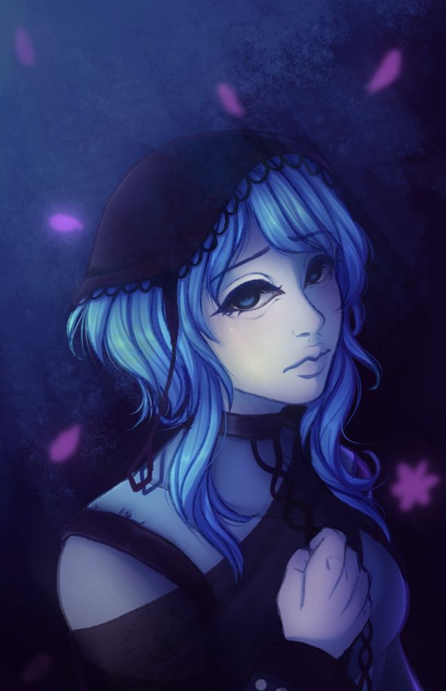 Digital portrait of an original character by lunarconstruct, named Kulith. A young woman with pale blue hair, and nearly porcelain white skin with a blue undertone. She wears a laced, black hat, a black tulle shawl, and a black and blue turtleneck. She stands against a dark background with fuchsia colored petals and flowers, falling around her as she stares at the light source at the top left of the image with a sorrowful and scared expression. 