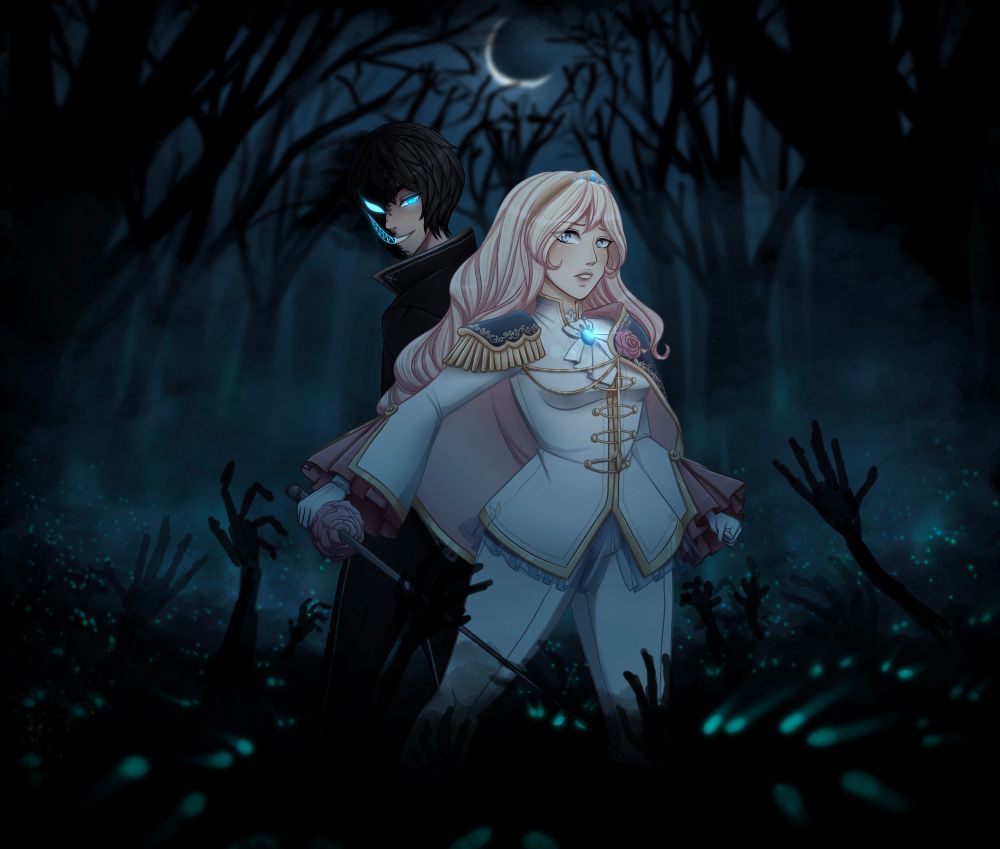Digital artwork of two #originalcharacter standing in a dark and foggy forest, surrounded by a horde of shadowy beings with glowing blue eyes at their feet. The figure on the left, named Senka, is a man, wears all black, matching his black hair. He grins evilly at the viewer with one glowing blue eye. The figure on the right, named Laelia, is a woman in a white military uniform, with blonde hair and blue eyes.
#oc #ocsky #GodSeed #godseedtaleofshadowandlight #rpg #rpgmaker 