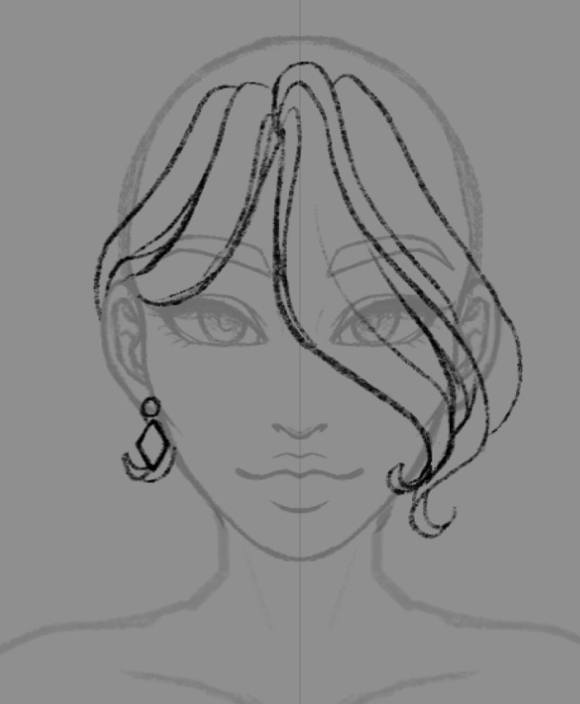 Digital sketch, illustration of a close-up shot of a woman’s face. The image is in black-and-white, against a gray background. All that is featured so far on this piece of artwork is her face, with a confident expression, sideswiped things that obscure her left eye, and a diamond shaped earring dangling from her right ear.