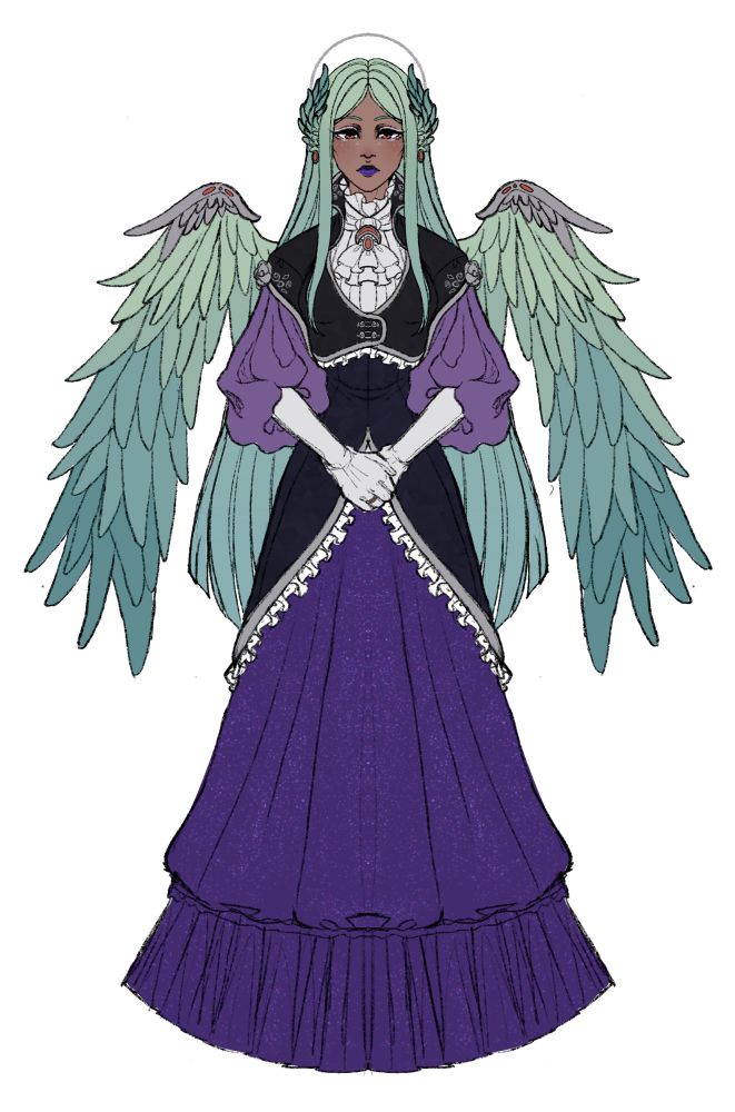 Digital full body artwork of a woman with copper skin, honey orange eyes and sage green hair. She has wings in the same color as her hair and wears clothing in the colors of black silver, white, and purple.