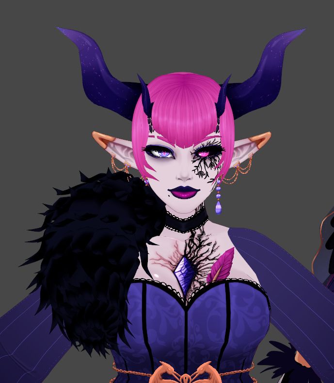 Screenshot of a 3-D model of a woman with bright pink hair, gold, accessories, and a work in progress shot of a black feather boa on her shoulder
