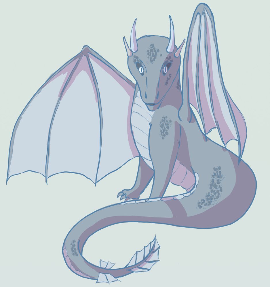 a small dragon critter looks at the screen, he has two legs, two wings, and a long tail. he is in shades of grey and blue, with four little horns on his head and a scaled belly