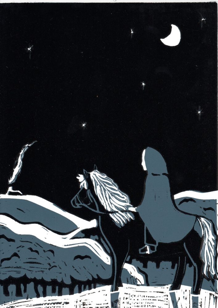 a person on a horse standing in snow. there are woods in the background, and in the distance, a houses chimney sends smoke into the night sky.