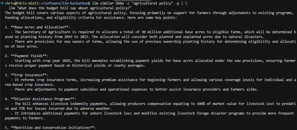 Just use `llm similar` and pipe the output to `llm` to get a retrieval-augmented answer to your questions about the budget bill!