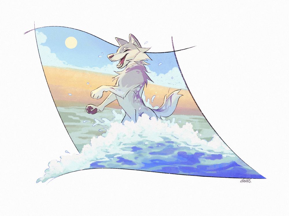 Isa, a wolf enjoying the summer ocean waves. Warm and cool colors/mood.