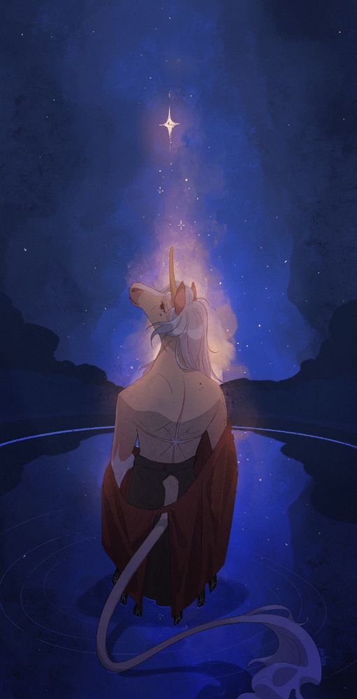 Unicorn anthro character giving her bare back to the viewer, showing her star marking under the starry night sky on a shallow lake.