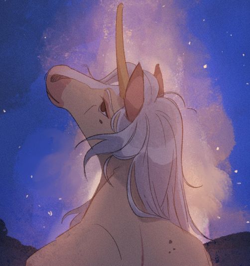 close up of a unicorn anthro character giving her bare back to the viewer, showing her star marking under the starry night sky on a shallow lake.