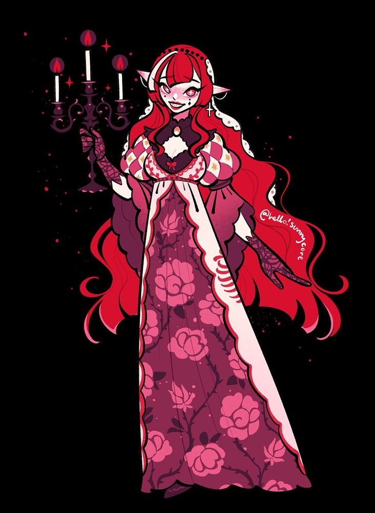illustration of a pale elf dressed in a rose patterned historical dress with elaborate sleeves. long bright red hair frames her, and she's smiling widely revealing sharp teeth, as she raises a candelabra with three candles that burn red. 