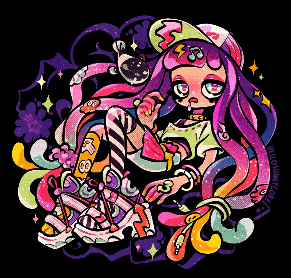 [fanart of Harmony from the Splatoon band Chirpy Chips] illustration of a colorfully dressed character with rainbow jelly like hair on a black background. the character is covered in little stickers, and a little fish is swimming next to her.
