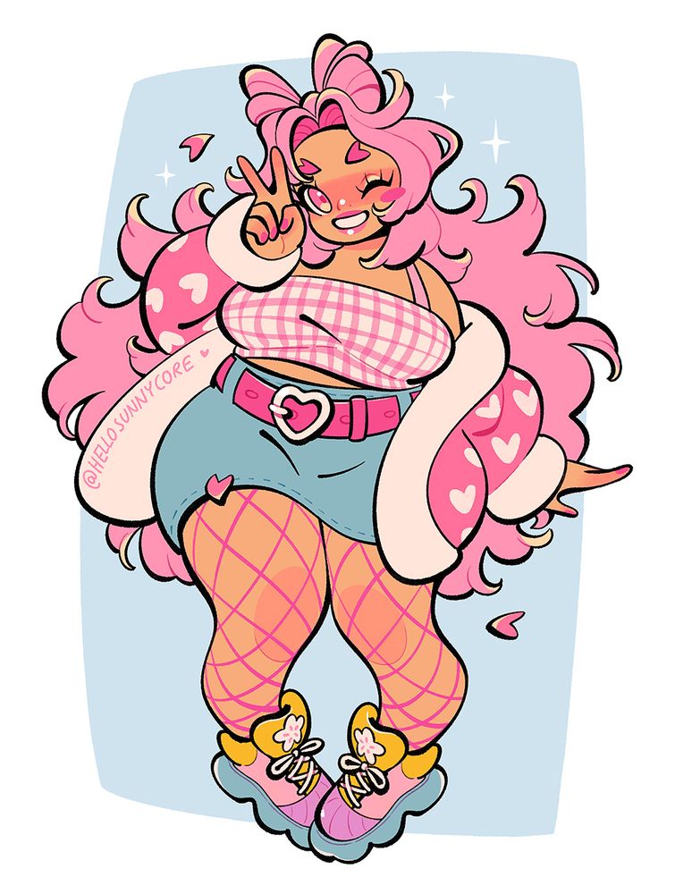 (commission for @ cafeaolait) toony illustration of a chubby pink haired girl who smiles and winks as she makes a peace sign