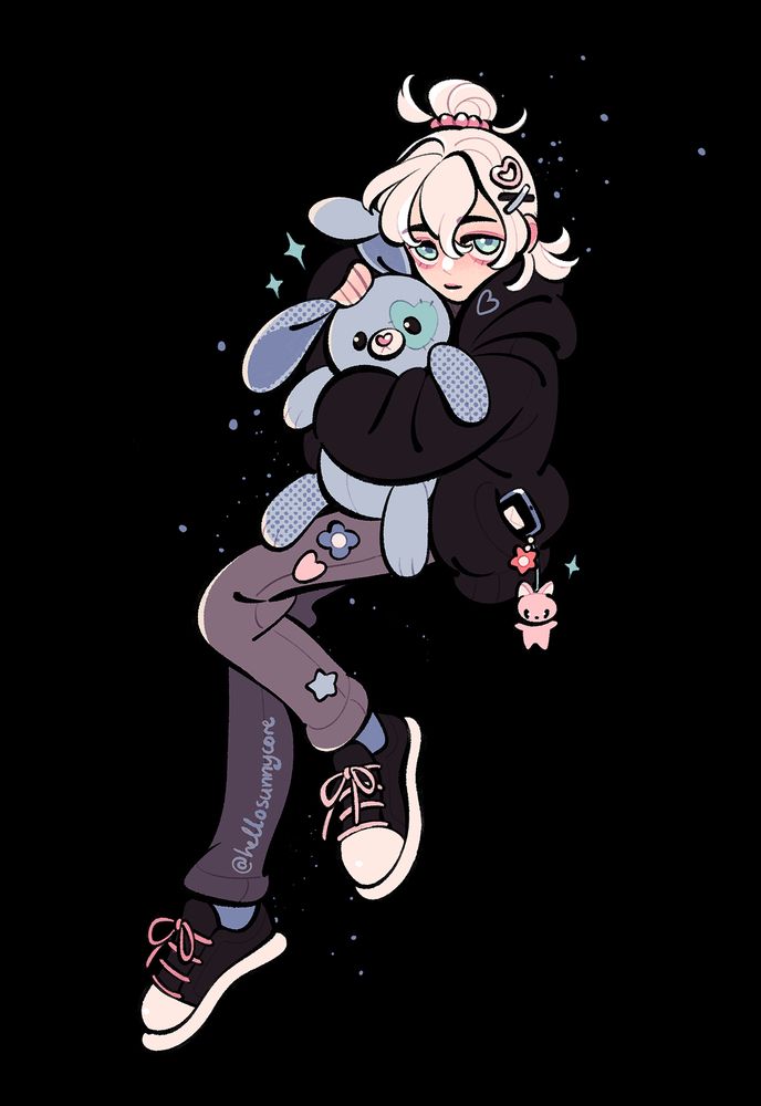 illustration of a white haired young man, hugging a pastel blue plush bunny. his hair is done up in a bun, and decorated with cute hair clips. he's wearing a black hoodie and gray jeans with some cute patches on them. a cellphone with a small plush cat and a flower charm sticks out of his pocket.