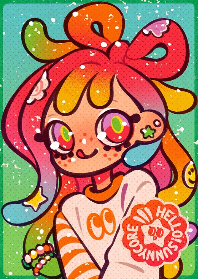 colorful "trading card" style illustration of a character with freckles and gummy worm hair (don't eat them)